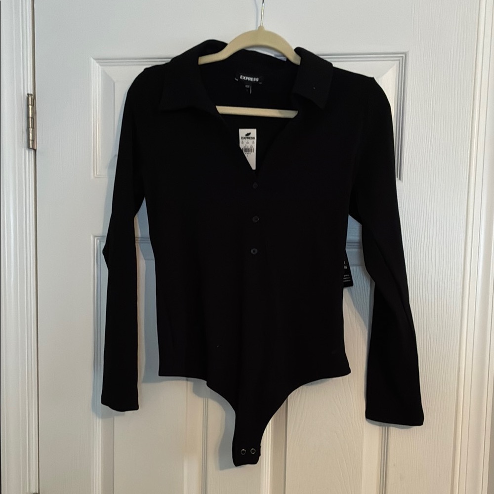 Black Long-Sleeve Ribbed Bodysuit with Collar